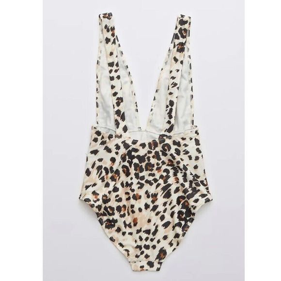 Aerie Leopard Deep Plunge One Piece Swimsuit Size Large Tie Front Full Coverage - Picture 5 of 10